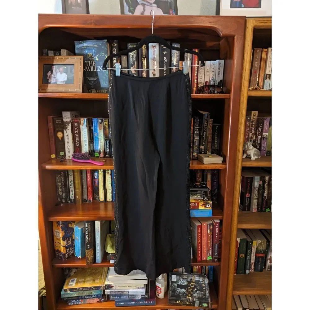 Escada black silk and rhinestone wide leg pants sz 36eu euc